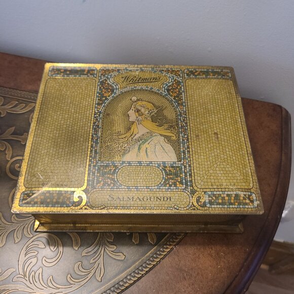 VINTAGE LGE 2 LB WHITMAN'S SALMAGUNDI ART MOSAIC TIN CANDY BOX ART NOUVEAU STYLE - Picture 1 of 9